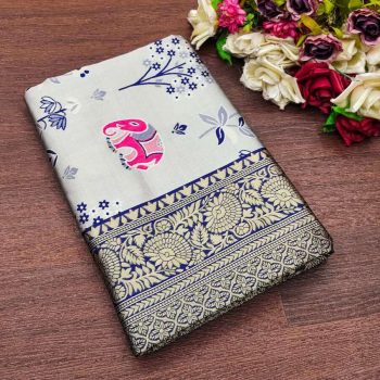 TRENDING SOFT LICHI SILK JACQUARD SAREE WITH UNSTITCHED BLOUSE GREY