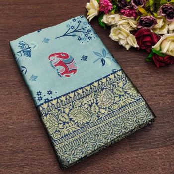 TRENDING SOFT LICHI SILK JACQUARD SAREE WITH UNSTITCHED BLOUSE SKY