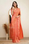 TRENDING SOFT LICHI SILK  JACQUARD WORK SAREE WITH UNSTITCHED BLOUSE ORANGE