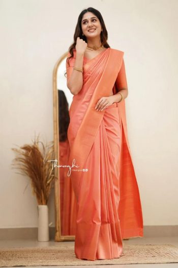 TRENDING SOFT LICHI SILK  JACQUARD WORK SAREE WITH UNSTITCHED BLOUSE ORANGE