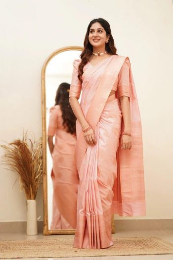 TRENDING SOFT LICHI SILK  JACQUARD WORK SAREE WITH UNSTITCHED BLOUSE PEACH
