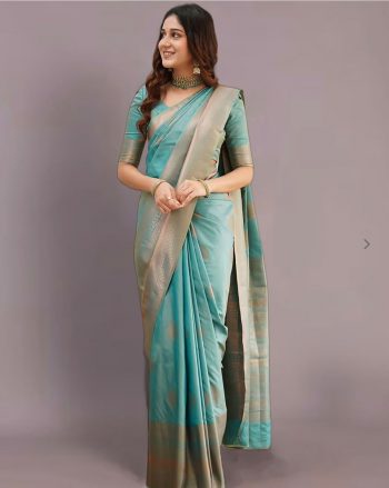 TRENDING SOFT LICHI SILK  JACQUARD WORK SAREE WITH UNSTITCHED BLOUSE SKY