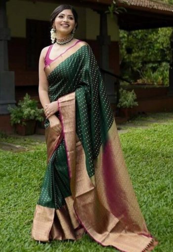 TRENDING SOFT LICHI SILK JACQUARD WORK SAREE WITH UNSTITCHED BLOUSE GREEN