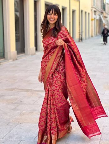 TRENDING SOFT LICHI SILK JACQUARD WORK SAREE WITH  UNSTITCHED BLOUSE RED