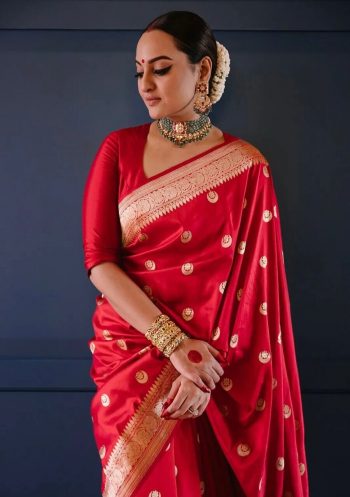 TRENDING SOFT LICHI SILK JACQUARD WORK SAREE WITH UNSTITCHED BLOUSE RED