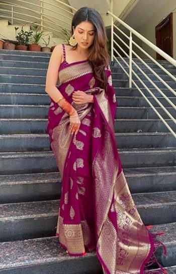 TRENDING SOFT LICHI SILK  JACQUARD WORK SAREE WITH UNSTITCHED BLOUSE WINE