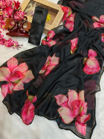 TRENDING TABBY ORGANZA FLORAL PRINT WITH CUTDANA HANDWORK SAREE WITH UNSTITCHED BLOUSE BLACK