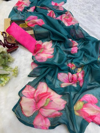TRENDING TABBY ORGANZA FLORAL PRINT WITH CUTDANA HANDWORK SAREE WITH UNSTITCHED BLOUSE RAMA