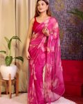 TRENDING TABBY ORGANZA FLORAL PRINT WITH CUTDANA HANDWORK SAREE WITH UNSTITCHED BLOUSE PINK