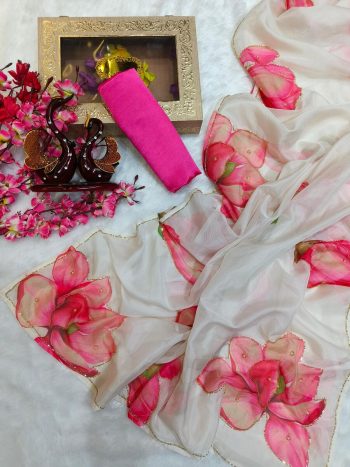 TRENDING TABBY ORGANZA FLORAL PRINT WITH CUTDANA HANDWORK SAREE WITH UNSTITCHED BLOUSE WHITE