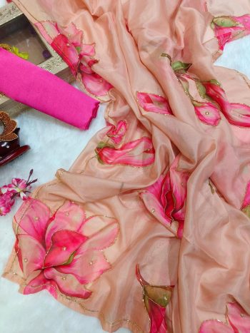 TRENDING TABBY ORGANZA FLORAL PRINT WITH CUTDANA HANDWORK SAREE WITH UNSTITCHED BLOUSE PEACH