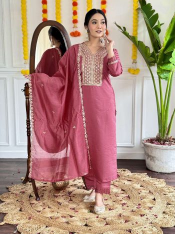 VISCOSE CHANDERI EMBROIDERY WORK TOP BOTTOM WITH DUPATTA  GAJARI