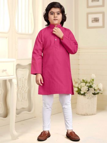 TRADITIONAL COTTON SILVER WEAVING LINE KID'S WEAR KURTA WITH PAYJAMA PINK