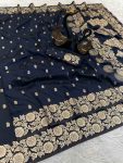 FASHIONABLE BANARASI SILK GOLDEN ZARI WEAVING SAREE WITH UNSTITCHED BLOUSE NAVY BLUE
