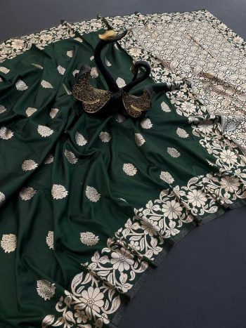 FASHIONABLE BANARASI SILK GOLDEN ZARI WEAVING SAREE WITH UNSTITCHED BLOUSE GREEN