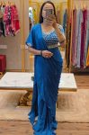 ATTRACTIVE CHINON RUFFLE WORK READY TO WEAR SAREE WITH STITCHED BLOUSE RAMA