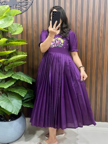 ATTRACTIVE COTTON SILK HANDWORK ONE PEICE DRESS PURPLE