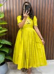 ATTRACTIVE COTTON SILK HANDWORK ONE PEICE DRESS YELLOW