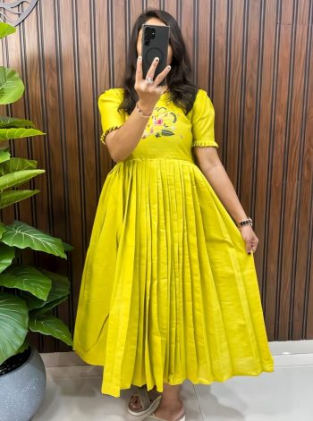 ATTRACTIVE COTTON SILK HANDWORK ONE PEICE DRESS YELLOW