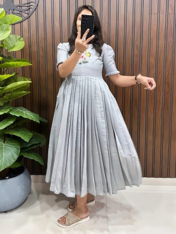 ATTRACTIVE COTTON SILK HANDWORK ONE PEICE DRESS GREY