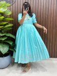 ATTRACTIVE COTTON SILK HANDWORK ONE PEICE DRESS SKY