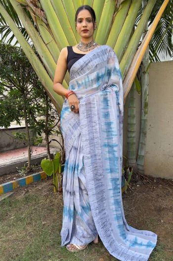 ATTRACTIVE GEORGETTE DIGITAL PRINTED READY TO WEAR SAREE WITH UNSTITCHED BLOUSE SKY