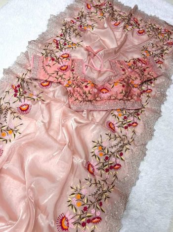 ATTRACTIVE GEORGETTE  EMBROIDERY SEQUENCE WORK SAREE WITH FULLY STITCHED BLOUSE PEACH