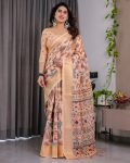 ATTRACTIVE HANDLOOM LINEN DIGITAL FLORAL PRINTS, RICH ZARI WOVEN BORDER WORK SAREE WITH UNSTITCHED BLOUSE CREAM