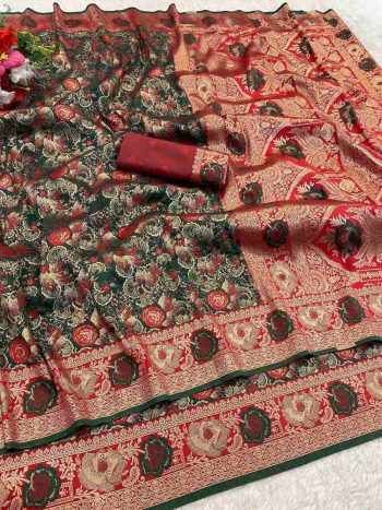 ATTRACTIVE KANJIVARAM SOFT SILK ZARI WOVEN SAREE WITH UNSTITCHED BLOUSE GREEN