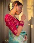 1ATTRACTIVE LICHI SILK JACQUARD WORK SAREE WITH UNSITICHED BLOUSE BRIDAL WEAR WHOLESALE PRICE ETHNIC GARMENT (44)