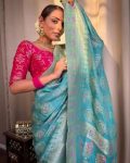 1ATTRACTIVE LICHI SILK JACQUARD WORK SAREE WITH UNSITICHED BLOUSE BRIDAL WEAR WHOLESALE PRICE ETHNIC GARMENT (44)