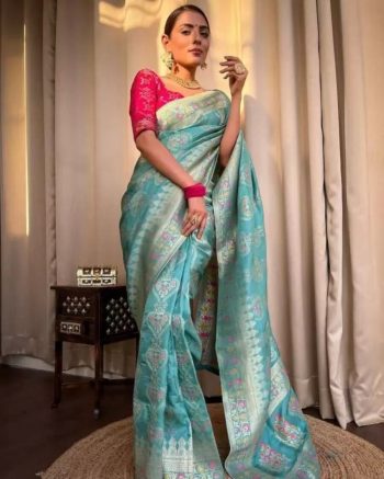 ATTRACTIVE LICHI SILK JACQUARD WORK SAREE WITH UNSITICHED BLOUSE  GREEN