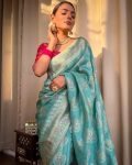 1ATTRACTIVE LICHI SILK JACQUARD WORK SAREE WITH UNSITICHED BLOUSE BRIDAL WEAR WHOLESALE PRICE ETHNIC GARMENT (44)