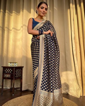 ATTRACTIVE LICHI SILK JACQUARD WORK SAREE WITH UNSTITCHED BLOUSE BLUE
