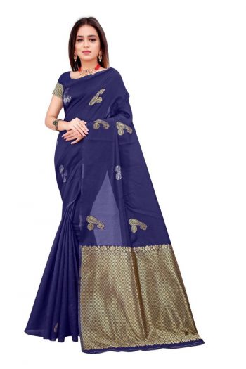 ATTRACTIVE LICHI SILK JACQUARD WORK SAREE WITH UNSTITCHED BLOUSE NAVY BLUE