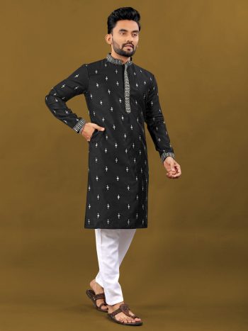 ATTRACTIVE MATKA SILK SILVER JARI WITH EMBROIDERY BUTI  KURTA PAYJAMA BLACK
