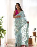 ATTRACTIVE ORGANZA SILK THREAD AND ZARI-DORI WORK SAREE WITH UNSTITCHED BLOUSE SKY