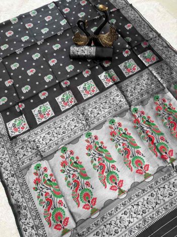ATTRACTIVE PAITHANI SILK ZARI MEENAKARI WEAVING SAREE WITH UNSTITCHED BLOUSE BLACK