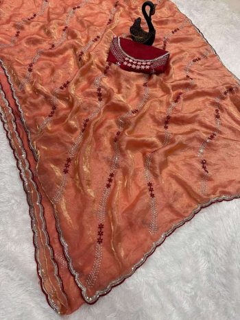 ATTRACTIVE SPACE SILK SEQUENCE AND ZARI EMBROIDERY WORK SAREE WITH UNSTITCHED BLOUSE ORANGE