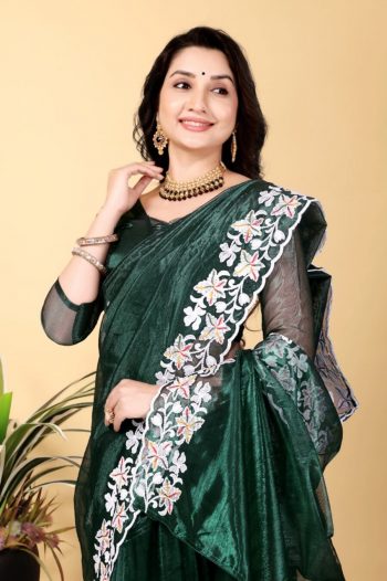 ATTRACTIVE TWILL NET MULTI WORK SAREE WITH UNSTITCHED BLOUSE GREEN