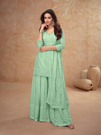 BOLLYWOOD CHINON EMBROIDERY WORK TOP PALAZZO WITH DUPATTA SEA  GREEN