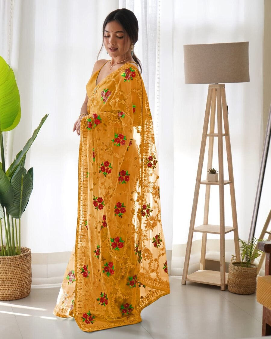 1DESIGNER BUTTERFLY NET THREAD AND AARI EMBROIDERY WORK WITH STONE WORK SAREE WITH UNSTITCHED BLOUSE FESTIVAL WEAR WHOLESALE PRICE ETHNIC GARMENT (39)