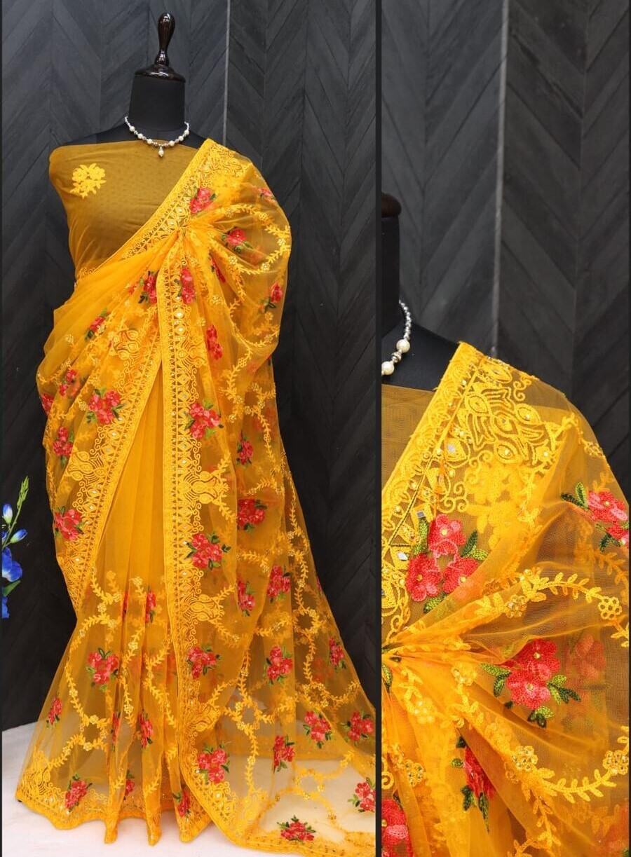 1DESIGNER BUTTERFLY NET THREAD AND AARI EMBROIDERY WORK WITH STONE WORK SAREE WITH UNSTITCHED BLOUSE FESTIVAL WEAR WHOLESALE PRICE ETHNIC GARMENT (40)