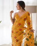 1DESIGNER BUTTERFLY NET THREAD AND AARI EMBROIDERY WORK WITH STONE WORK SAREE WITH UNSTITCHED BLOUSE FESTIVAL WEAR WHOLESALE PRICE ETHNIC GARMENT (42)