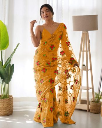 DESIGNER BUTTERFLY NET THREAD AND AARI EMBROIDERY WORK WITH STONE WORK SAREE WITH UNSTITCHED BLOUSE YELLOW