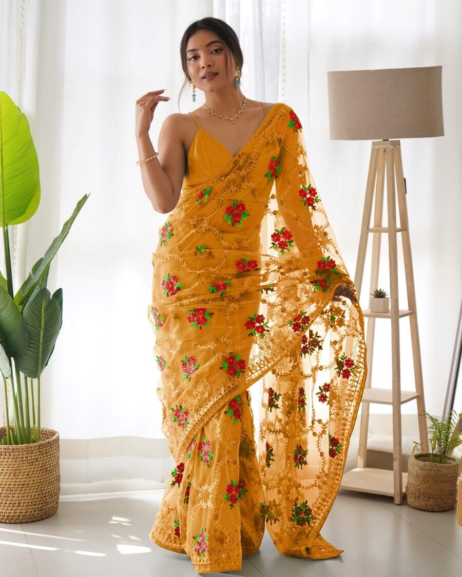1DESIGNER BUTTERFLY NET THREAD AND AARI EMBROIDERY WORK WITH STONE WORK SAREE WITH UNSTITCHED BLOUSE FESTIVAL WEAR WHOLESALE PRICE ETHNIC GARMENT (42)
