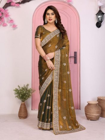 DESIGNER CHIFFON SILK EMBROIDERY WITH PIPING BORDER WORK SAREE WITH UNSTITCHED BLOUSE MUSTARD