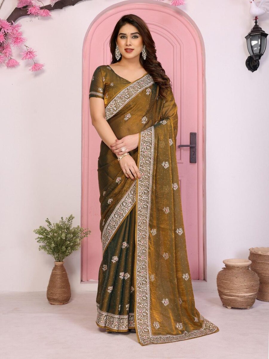 1DESIGNER CHIFFON SILK EMBROIDERY WITH PIPING BORDER WORK SAREE WITH UNSTITCHED BLOUSE WEDDING WEAR WHOLESALE PRICE ETHNIC GARMENT (15)