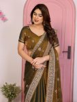 1DESIGNER CHIFFON SILK EMBROIDERY WITH PIPING BORDER WORK SAREE WITH UNSTITCHED BLOUSE WEDDING WEAR WHOLESALE PRICE ETHNIC GARMENT (15)