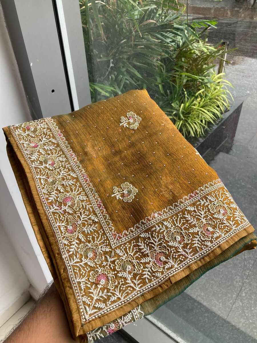 1DESIGNER CHIFFON SILK EMBROIDERY WITH PIPING BORDER WORK SAREE WITH UNSTITCHED BLOUSE WEDDING WEAR WHOLESALE PRICE ETHNIC GARMENT (17)